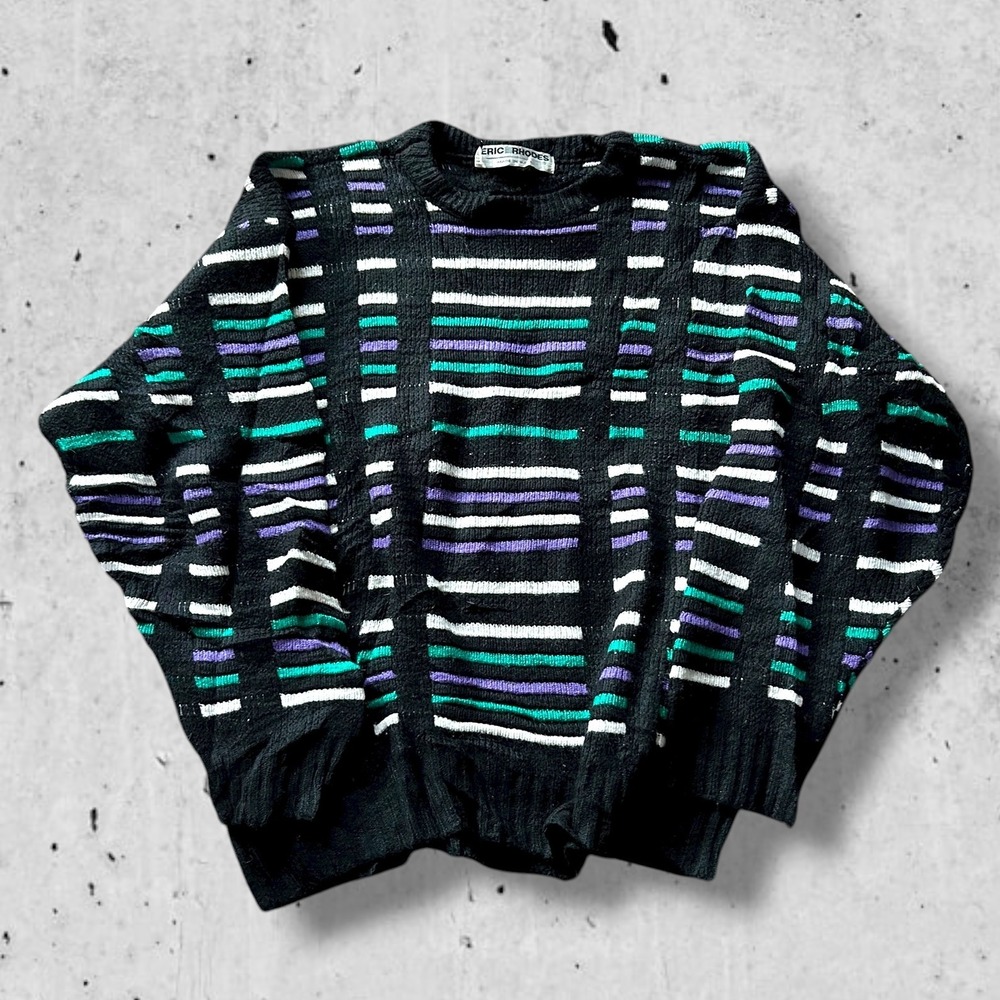 Vintage Colorful Black Geometric Stripe Knit Sweater Men's S Cozy Retro Sweater‎